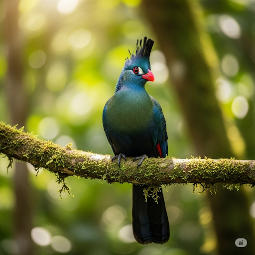 A colorful Great Blue Turaco bird perched on a branch.