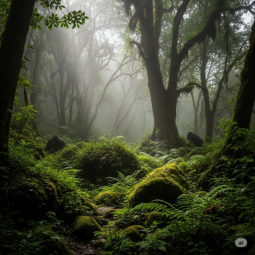 A dense, misty forest in Bwindi Impenetrable National Park.