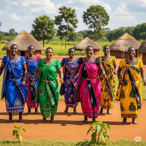 Ugandan women in traditional vibrant dresses dancing.