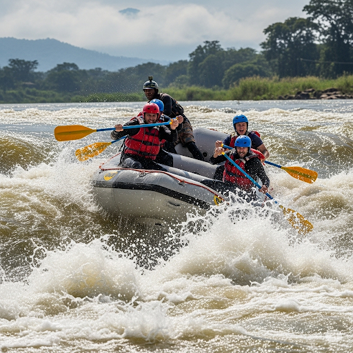 People white-water rafting on the Nile river.