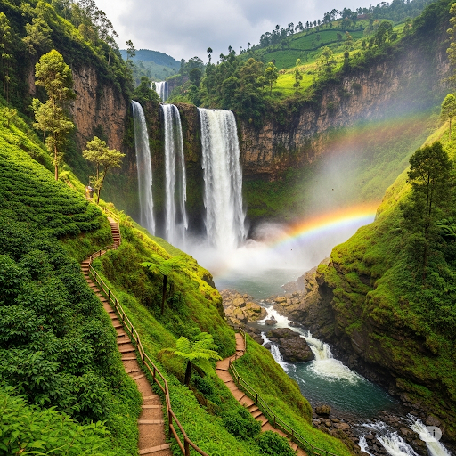 A beautiful shot of one of the Sipi Falls cascading down a green cliff face.
